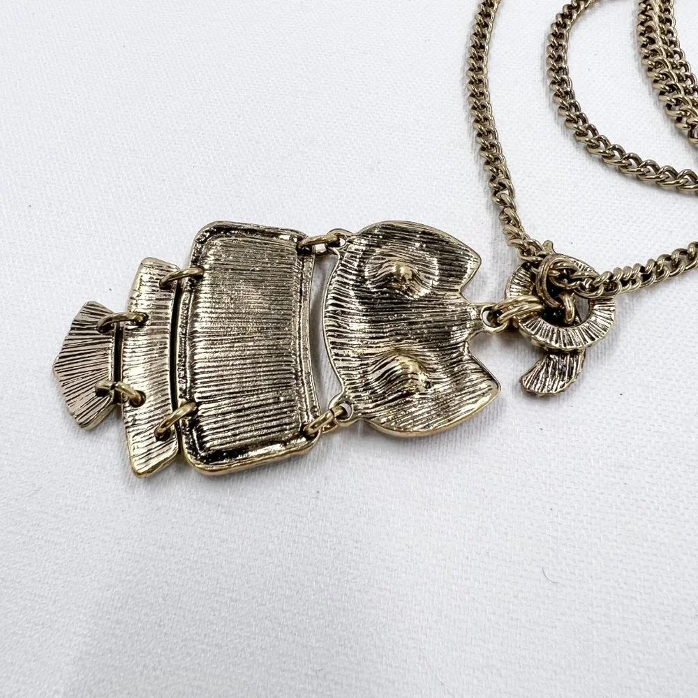 Abalone Inlayed Jointed Owl Pendant Antiqued Gold Tone 30” Chain Necklace - Picture 6 of 7
